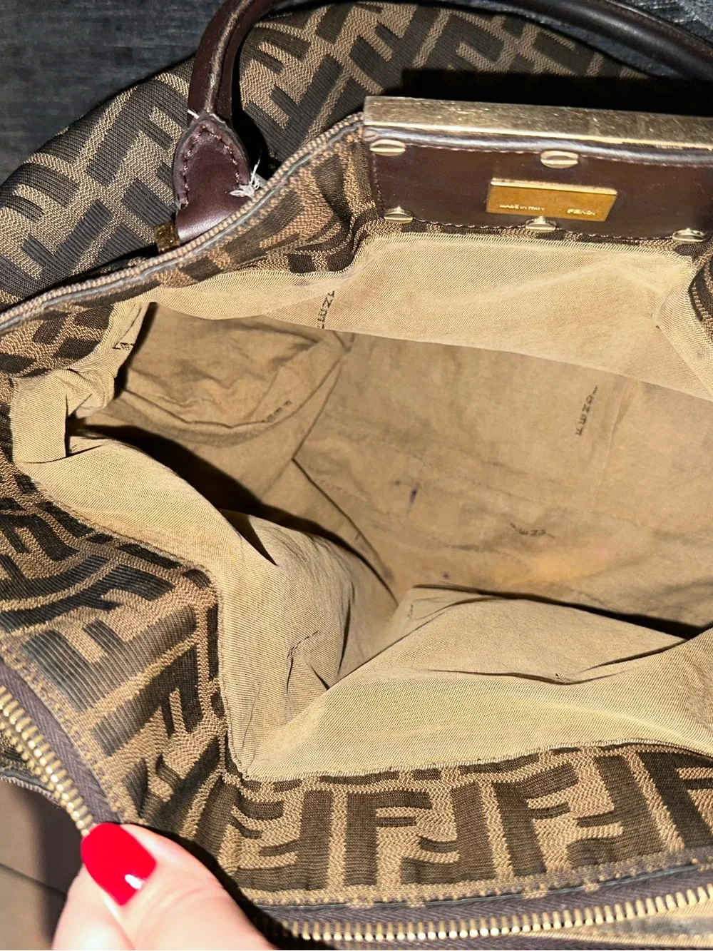 Fendi Brown Zucca Pattern Shoulder Bag with Logo Plaque